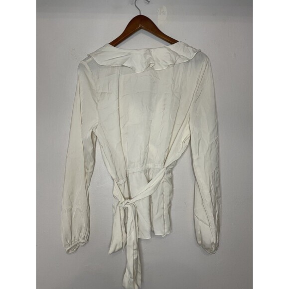 Max Studio Women's Large Long Sleeve Wrap Ruffle Front Top Blouse Off White - Picture 6 of 6